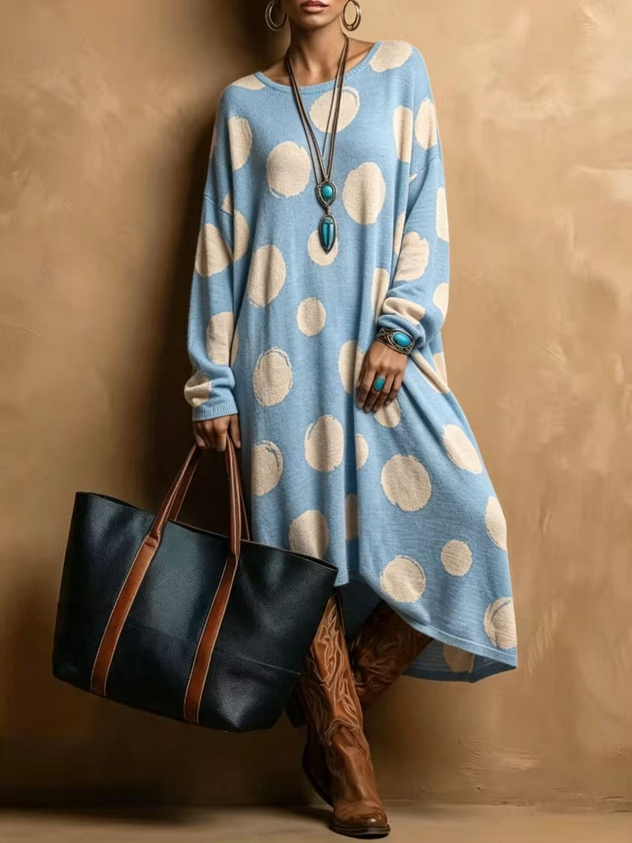 Retro American Polka Dot Print Loose A-Line Long Sleeve Round Neck Dress