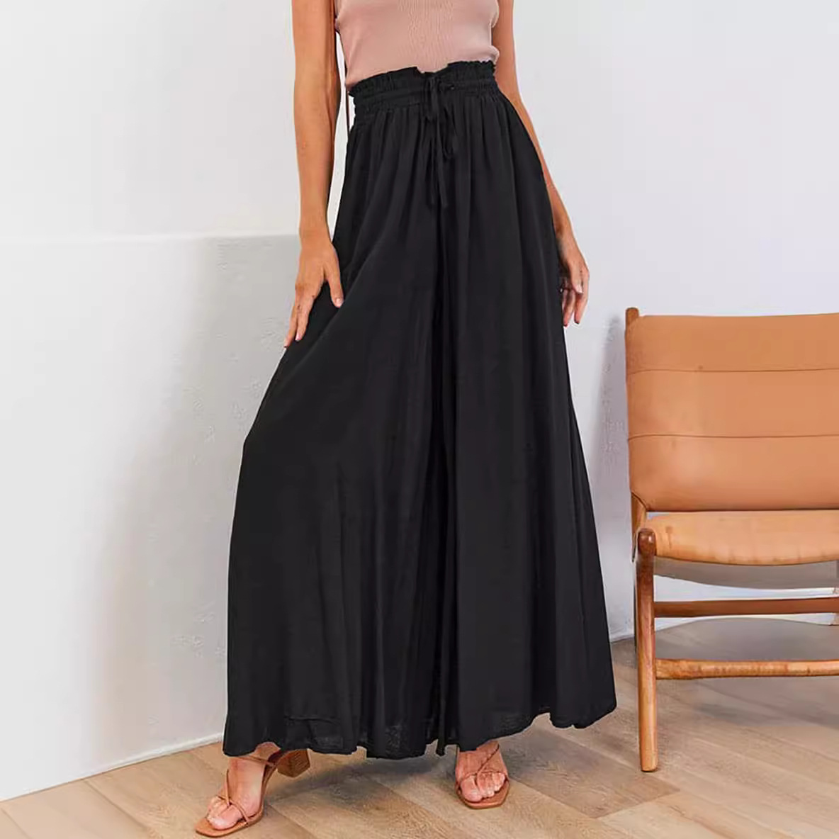 High-Waist Drawstring Flare Pants Solid Color Loose Wide-Leg