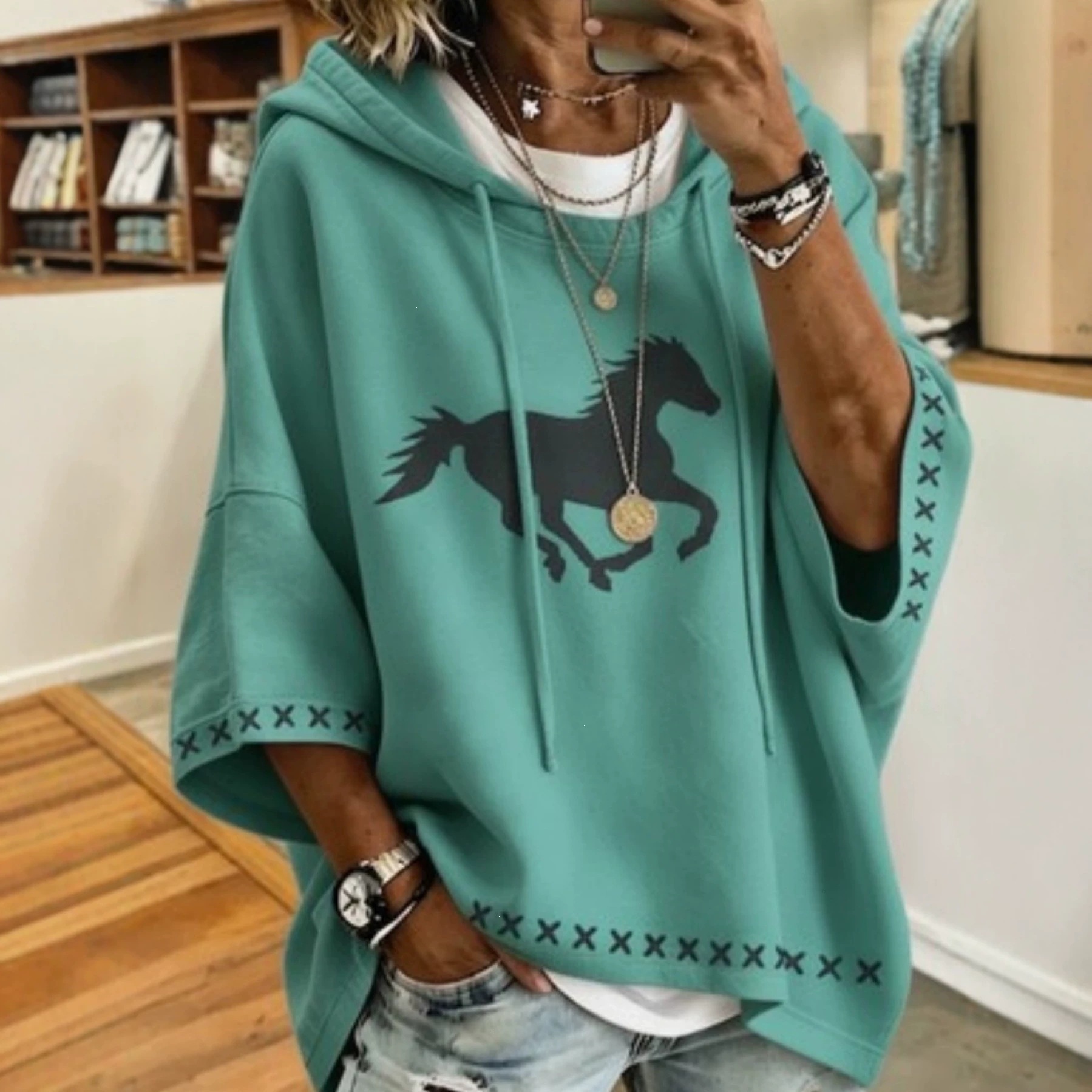 Women's Vintage Black Horse Print Drawstring Hoodie 3/4 Sleeve Loose Drop Shoulder Western Sweatshirt Camel