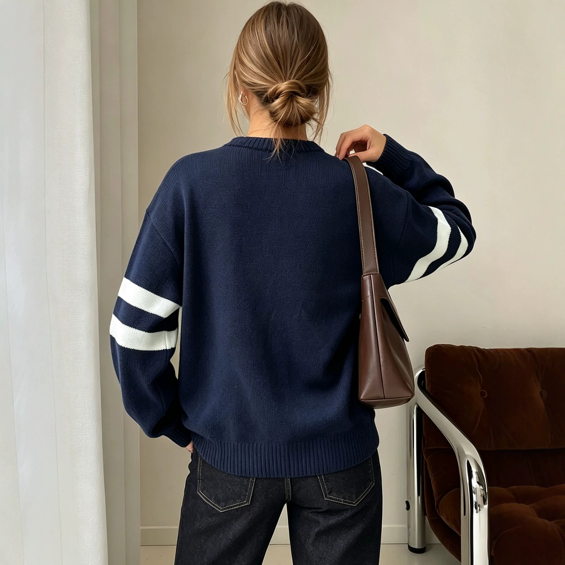 Women's Star Jacquard Colorblock Striped Crewneck Knit Sweater