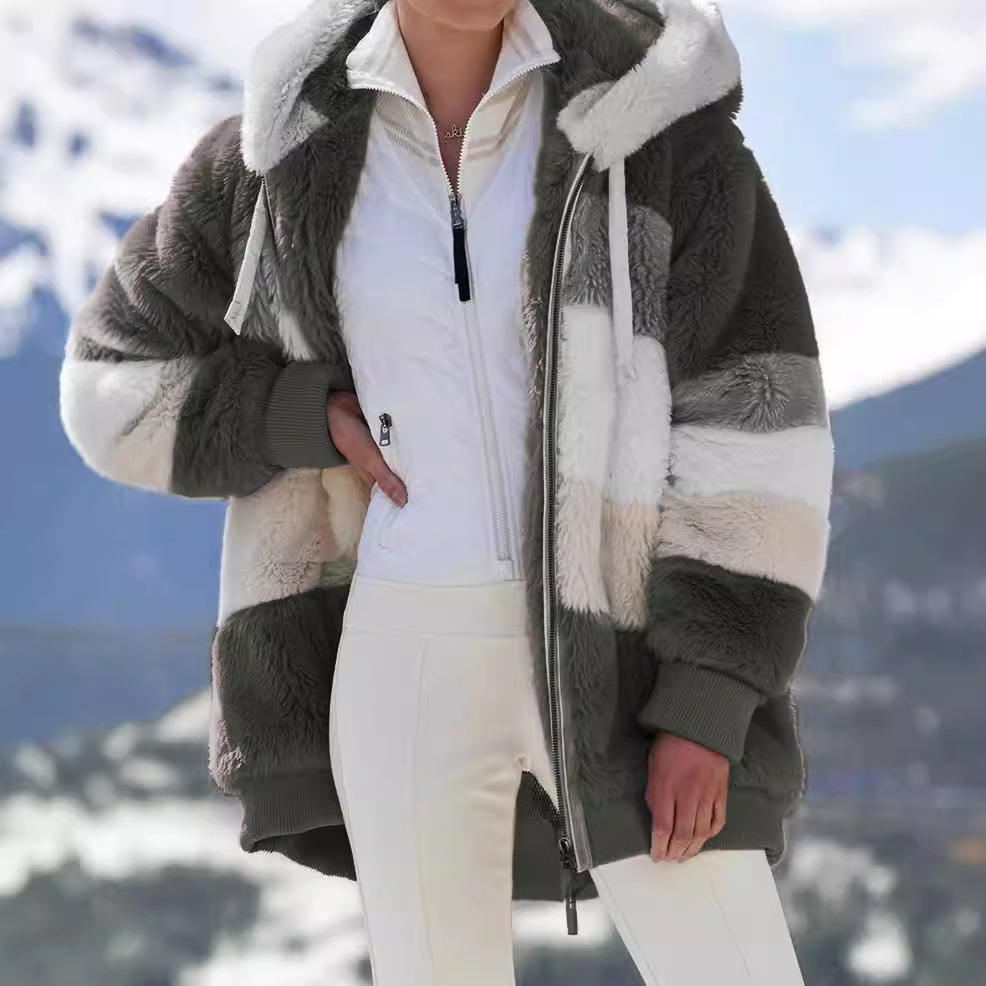 Oversized Fuzzy Fleece Colorblock Zip Hooded Coat