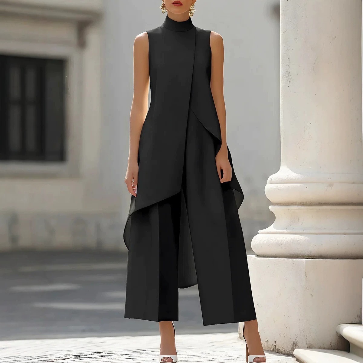 Women's High Neck Sleeveless Layered Wide Leg Jumpsuit Two-Piece Set