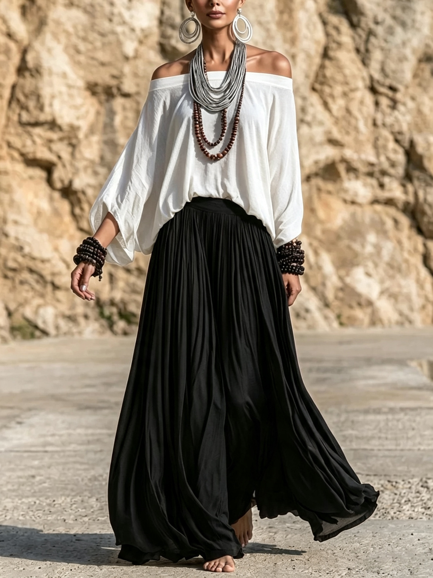 Bohemian Off-Shoulder Top & Wide-Leg Maxi Skirt Two-Piece Set