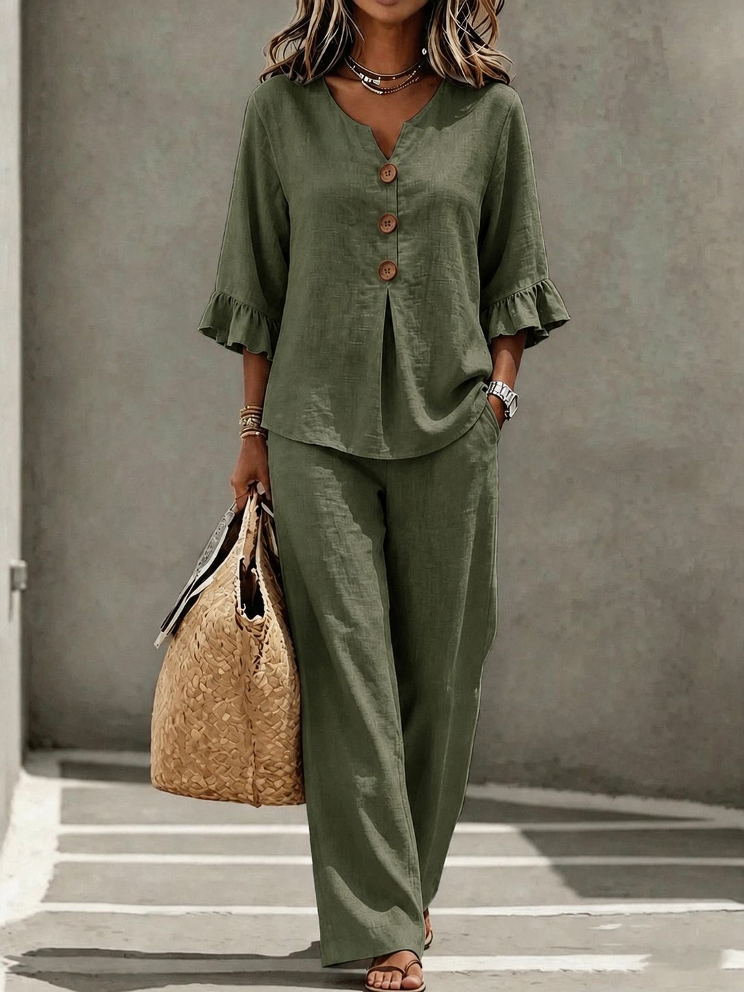 Women's Casual Button V-Neck Ruffle 3/4 Sleeve Top and Pants Two-Piece Set