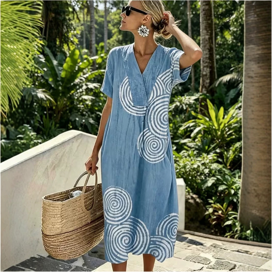 Women's Vintage Polka Dot Floral Midi Dress with Pleated Details