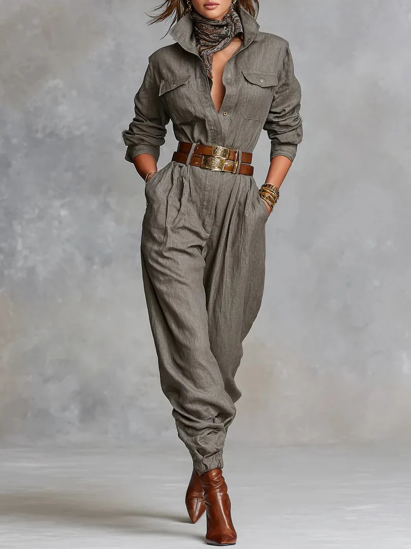 Women's Cotton-Linen Long-Sleeve Button-Detail Pocket Shirt Jumpsuit