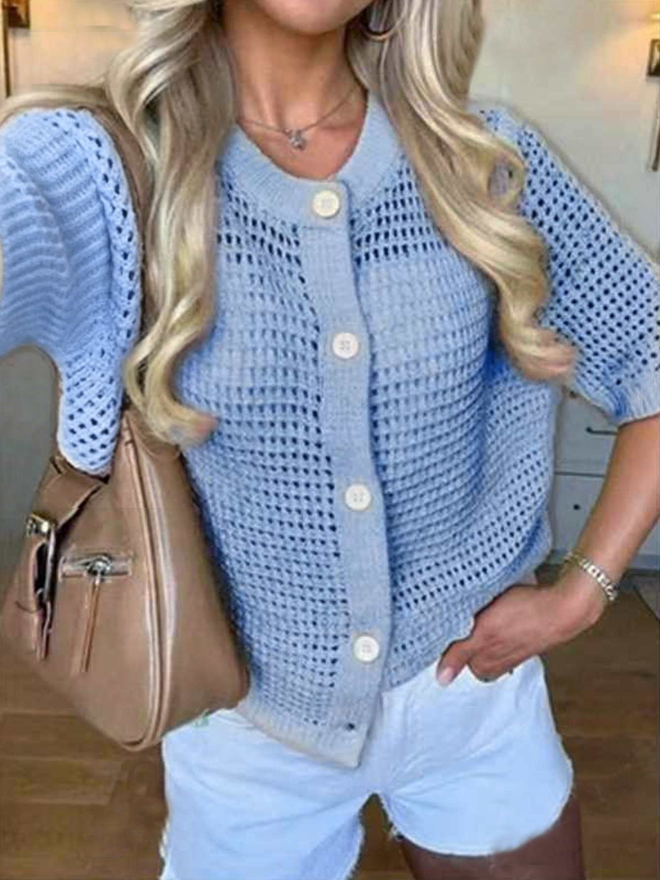 Women's French Style Crewneck Hollow Knit Short Sleeve Cardigan Sweater