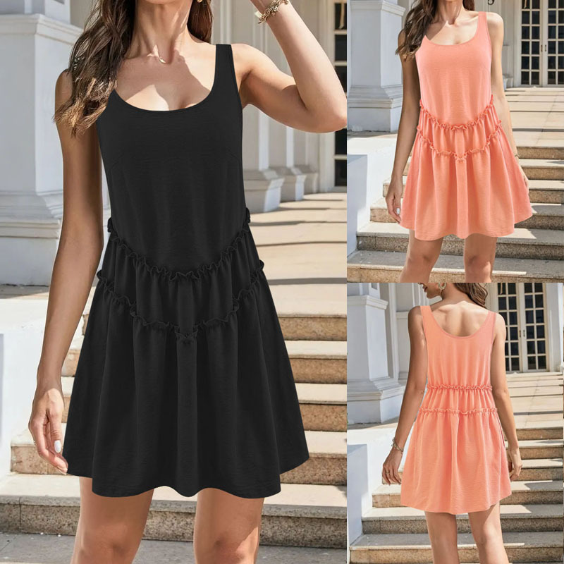 Lace Sleeveless Dress for Women Summer Sweet Solid Color Beach Tank Dress