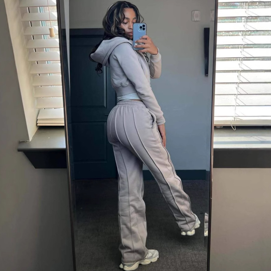 Women's Zip-Up Hoodie and Pants Set Solid Color Knit Lounge Set