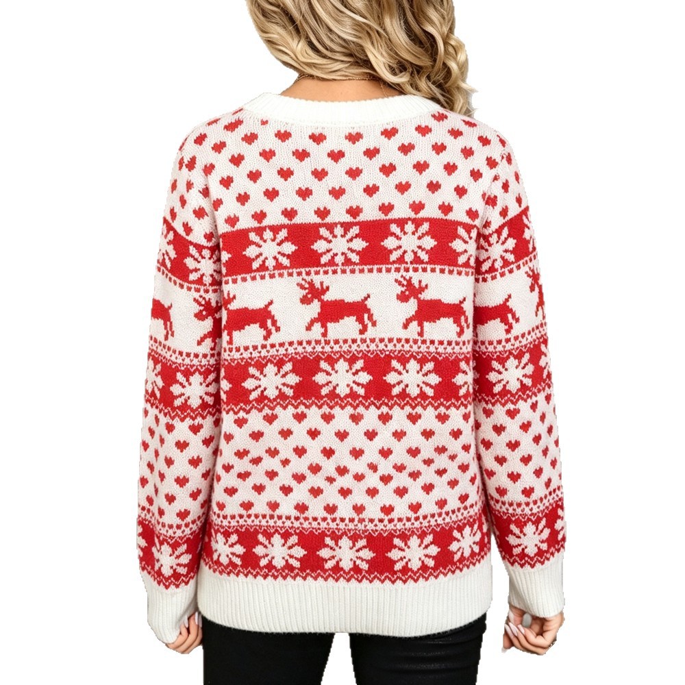Women's Snowflake Reindeer Crewneck Pullover Sweater Plus Size