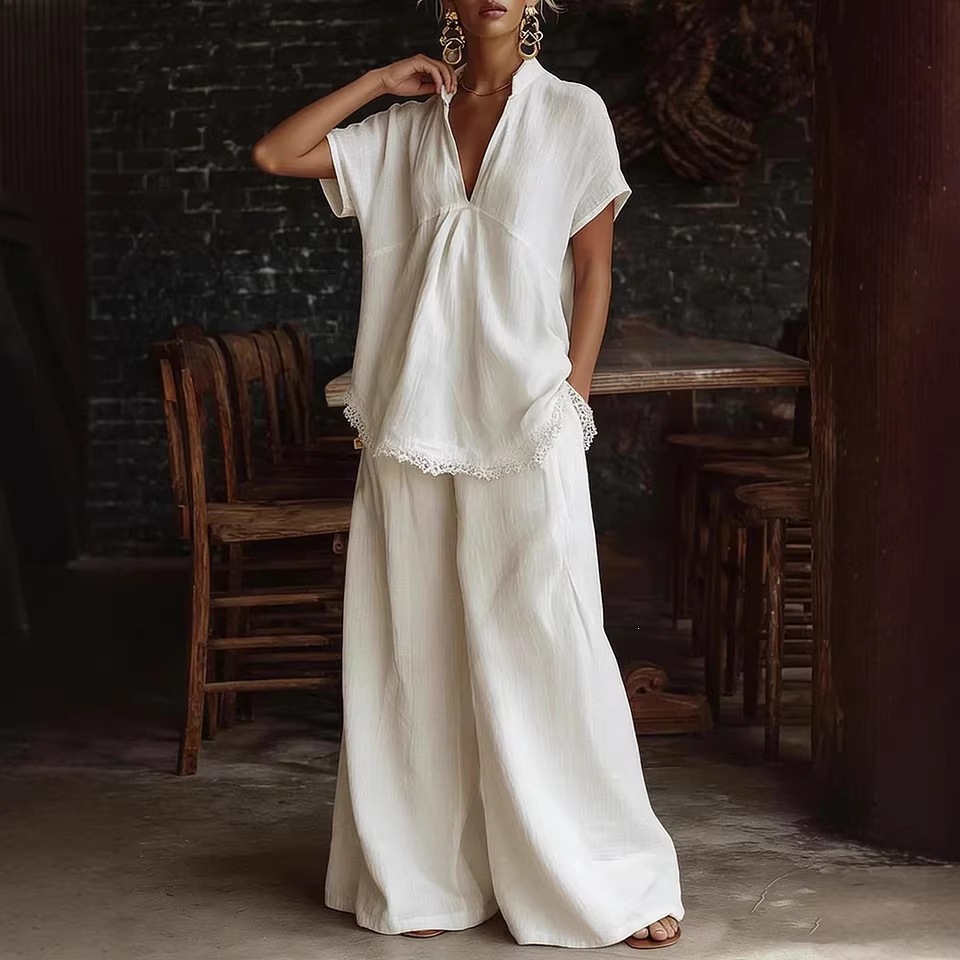 Women's Linen-Blend Short-Sleeve Shirt & Wide-Leg Pants Two-Piece Set