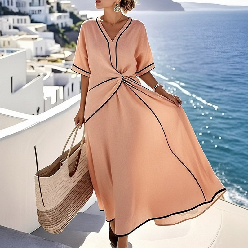 Women's V-Neck Tie Striped Dress Casual Comfortable Long