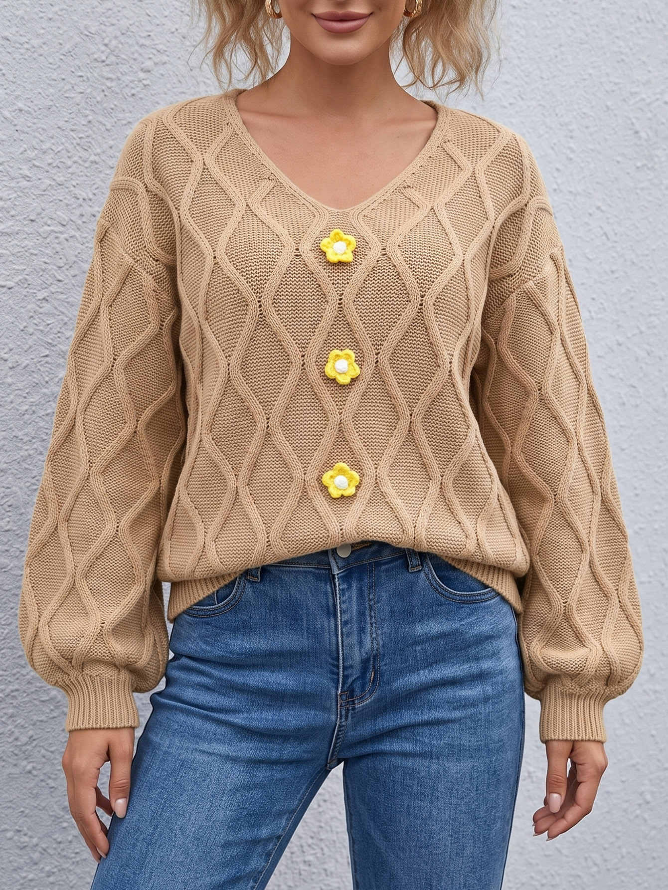 Women's Retro V-Neck Diamond Knit Sweater with Lantern Sleeves
