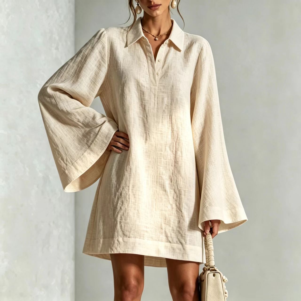 Women's Solid Color Flare Sleeve Dress with Lapel Collar, Loose Casual Midi