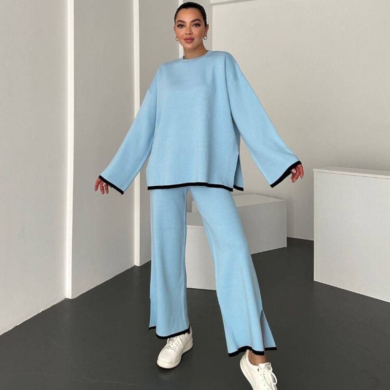 Women's Color-Block Long-Sleeve Split Top & Pants Two-Piece Set