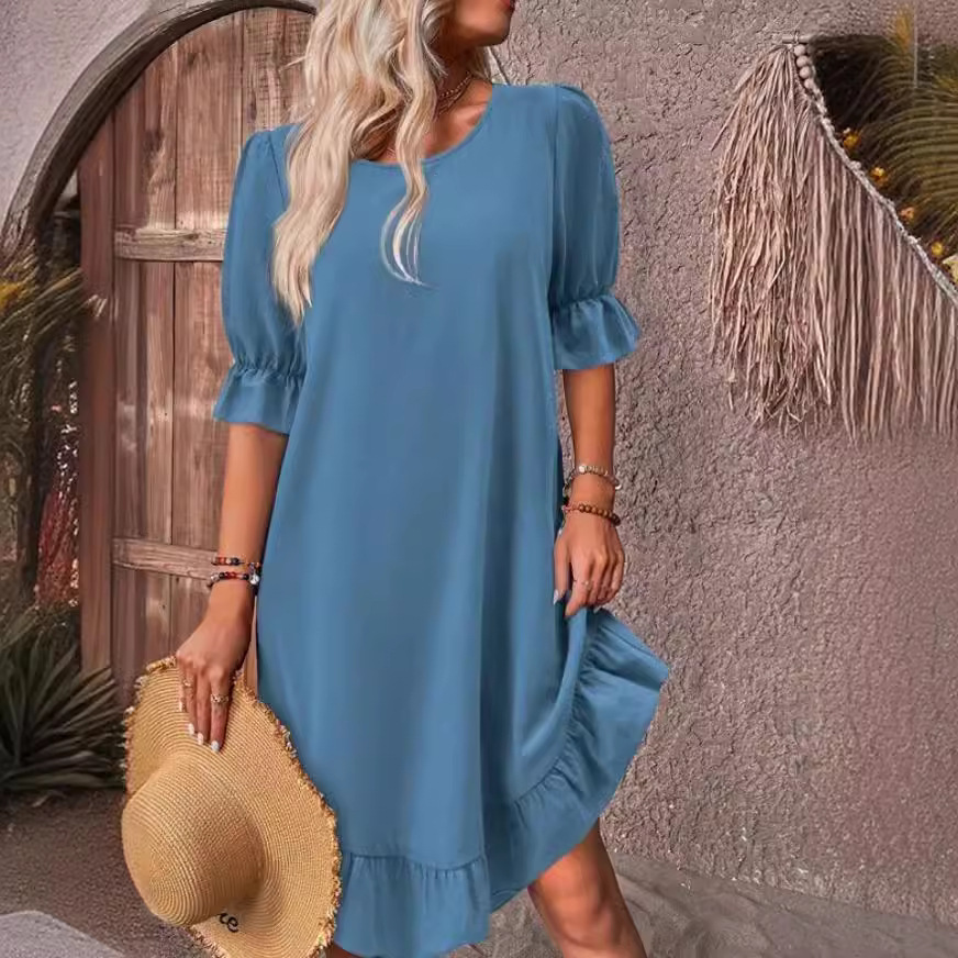 Women's Vintage Cotton-Linen Midi Dress with Short Sleeves, Round Neck, Solid Color, Loose Fit, Flared Hem