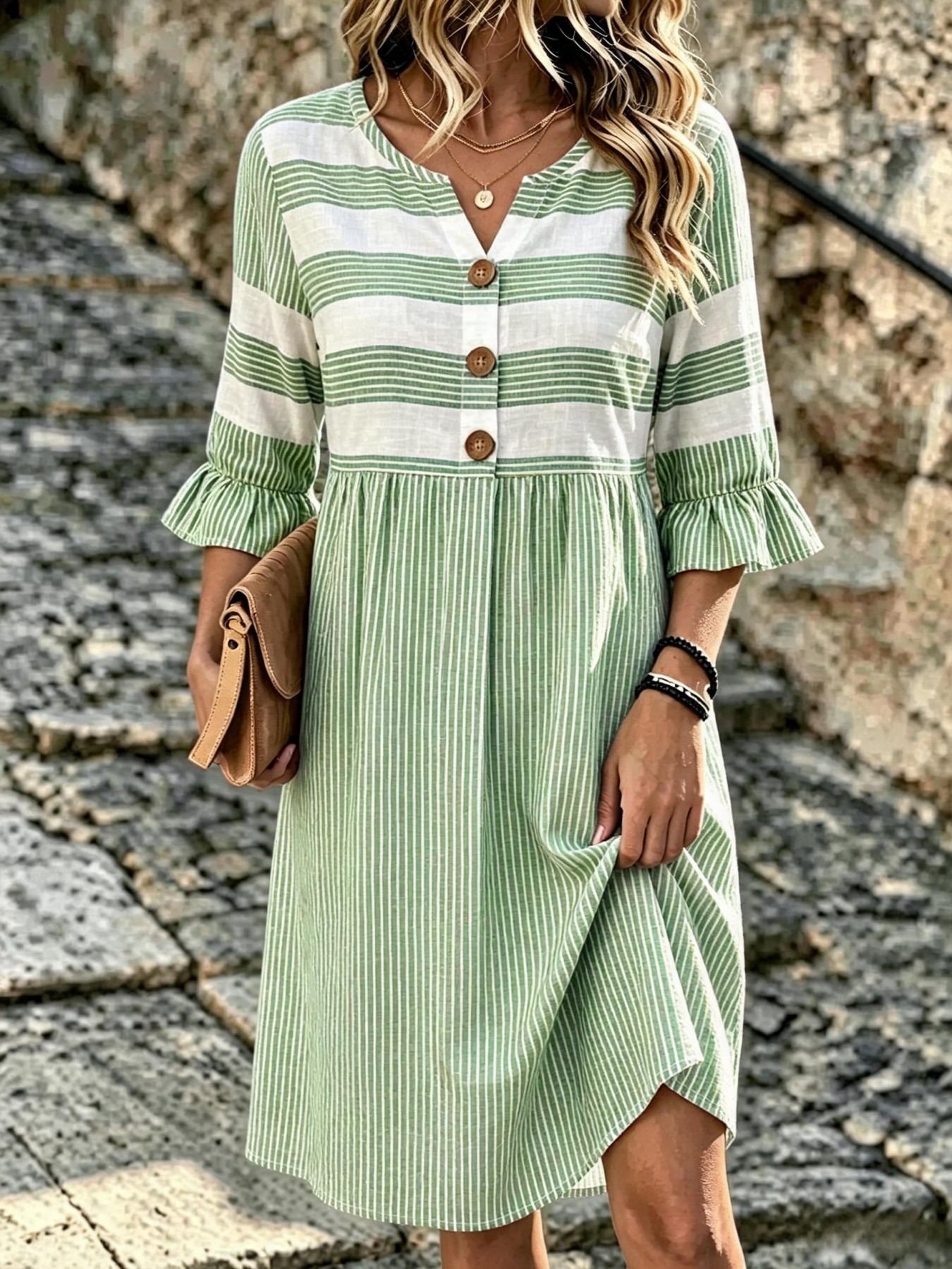 Women's Floral Striped Print Casual Dress with Deep V-Neck and Five-Quarter Sleeves