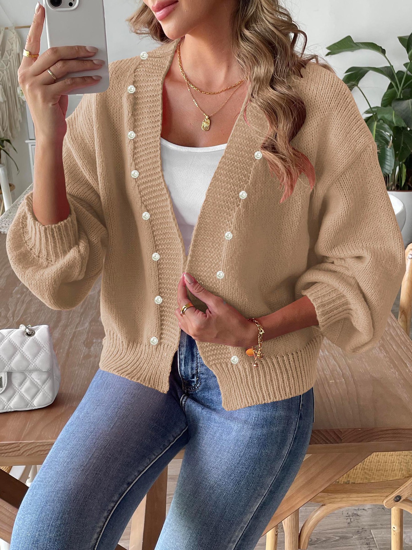Women's Cropped Pearl Beaded Cardigan Sweater Coat