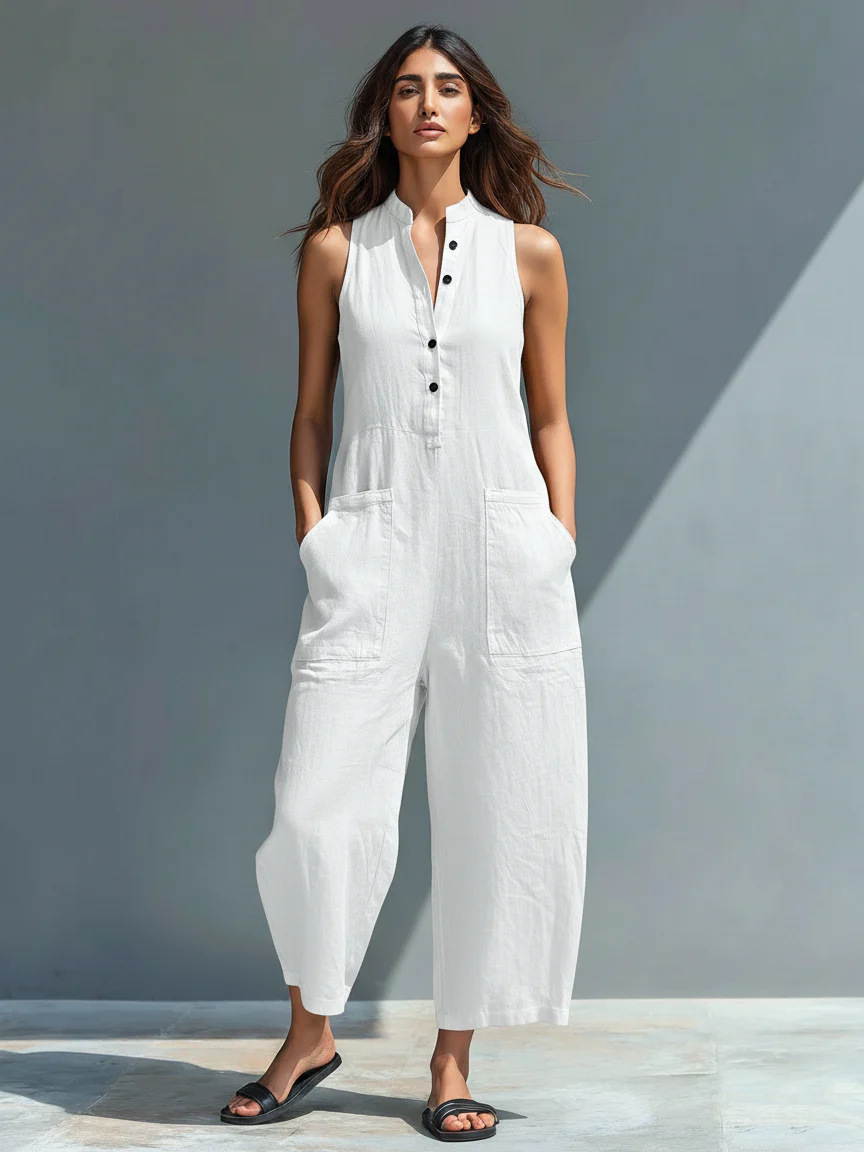 Women's Casual Sleeveless Button-Front Wide-Leg Jumpsuit