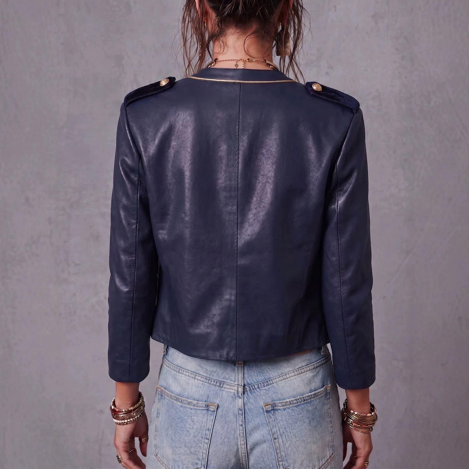 Vintage Court-Style Napoleon Double-Breasted PU Leather Cropped Jacket