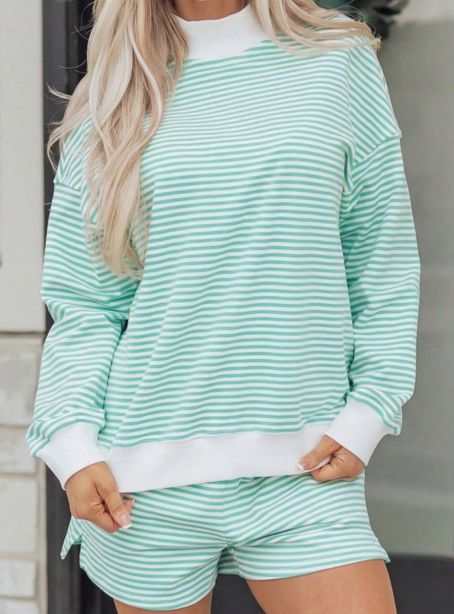 Striped Oversized Collar Cotton Sweatshirt Set
