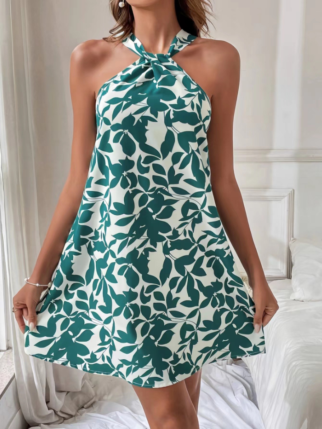 Printed Sleeveless Halter Backless Ruffle Midi Dress