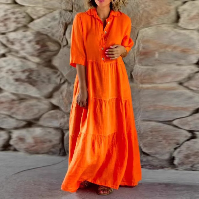 Solid Color Collared Long Sleeve Button Loose Dress