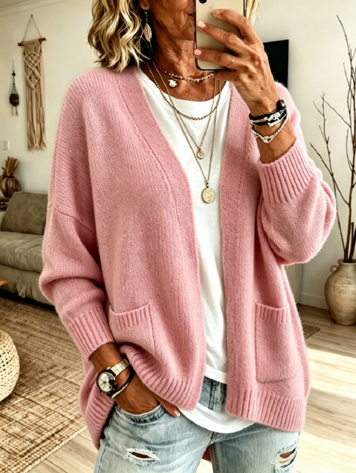 Soft Solid Color Cardigan Sweater Women's Loose Relaxed Knit Outerwear