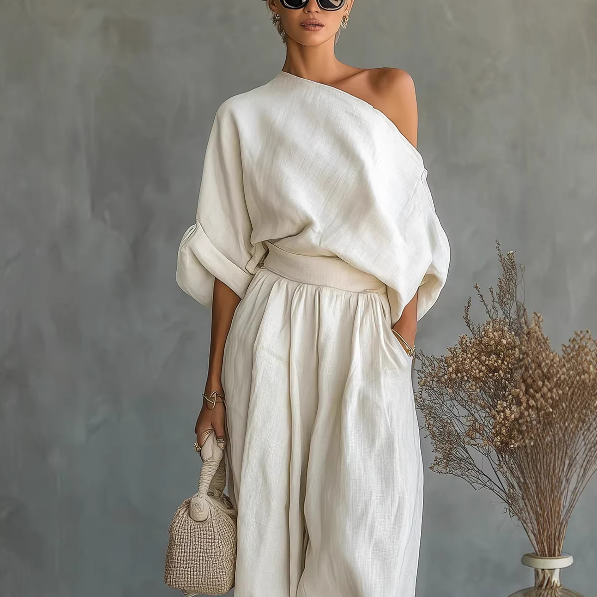Women's Off-Shoulder T-Shirt and Pants Set Solid Color Casual Loose Two-Piece