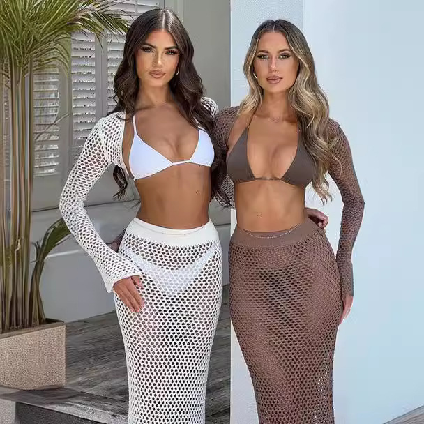 Women's Summer Beach Vacation Sun Protection Long Sleeve Cutout Sheer Knit Dress Set