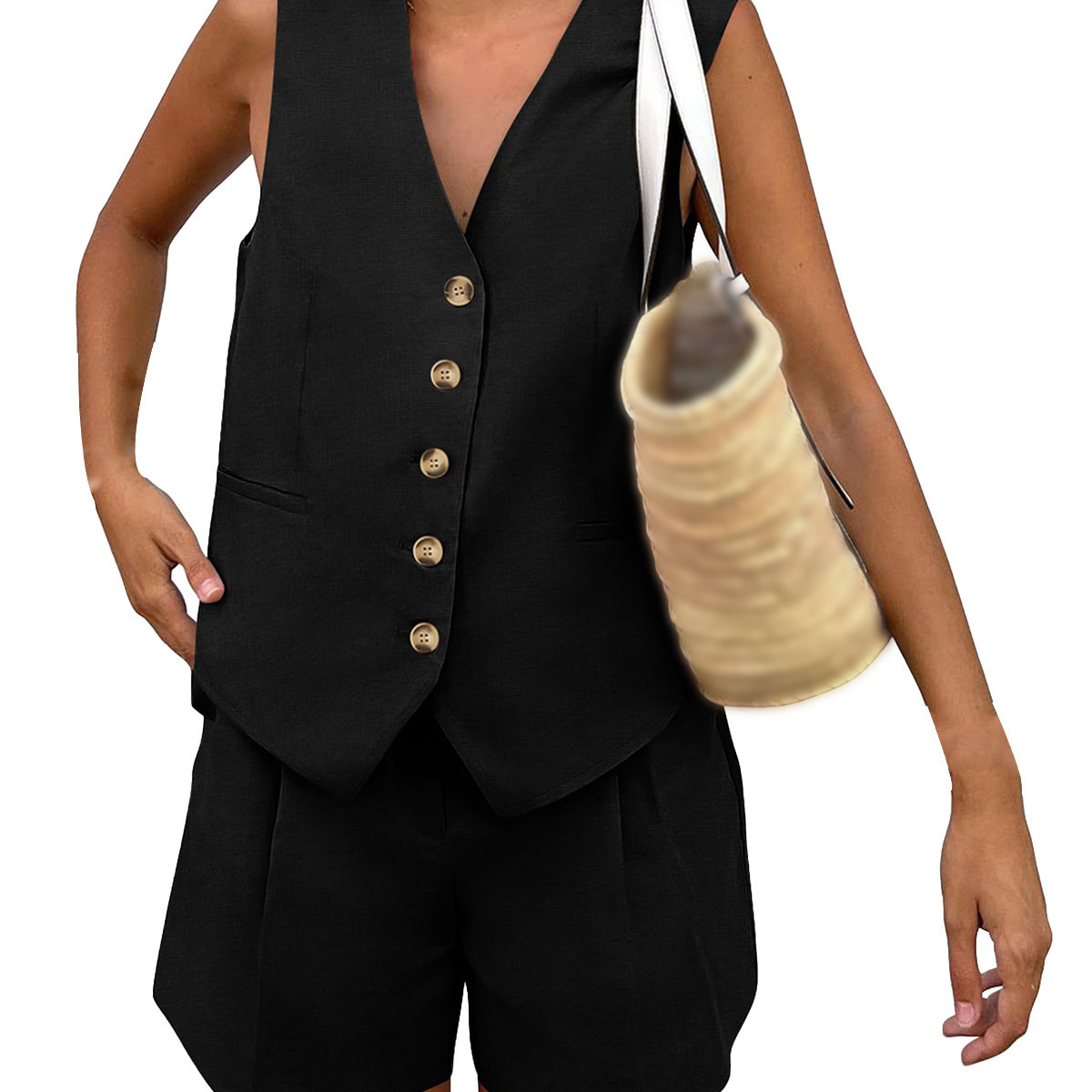 V-Neck Single-Breasted Sleeveless Vest and Shorts Casual Set