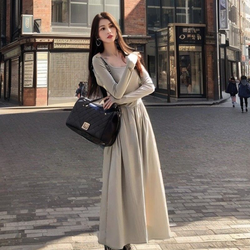 U-Neck Long-Sleeve A-Line Midi Dress with Cinched Waist