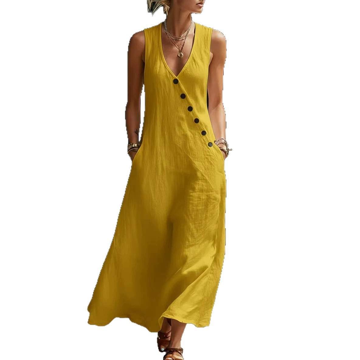 V-Neck Sleeveless Asymmetric Button Long Dress