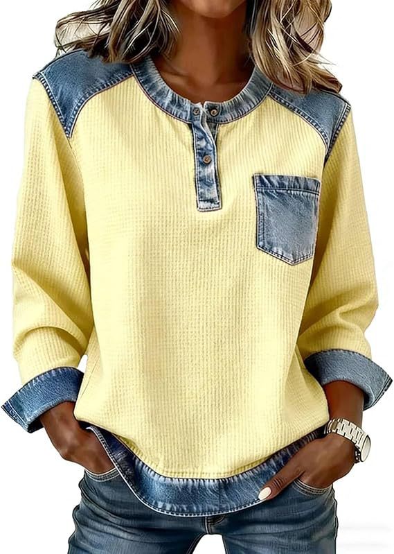 Faux Denim Patchwork Button Pocket Long Sleeve Crewneck Top