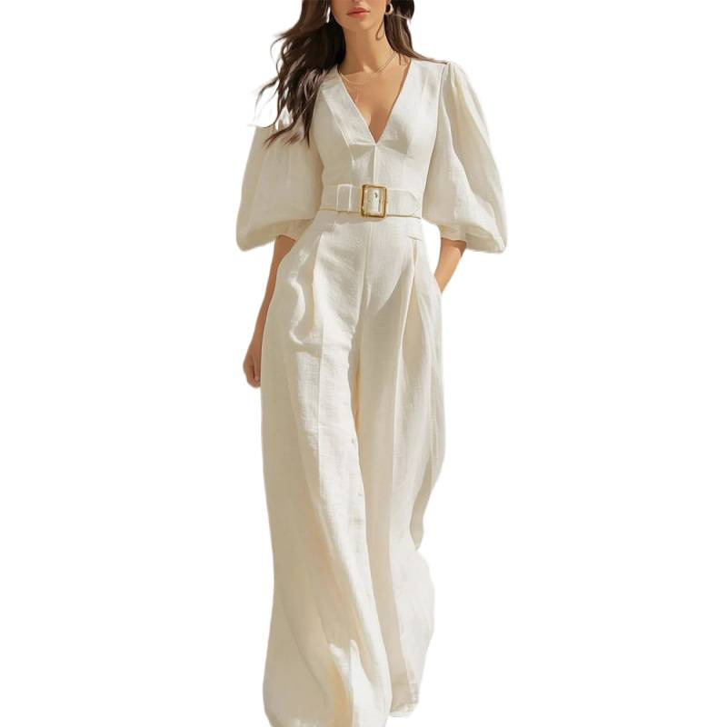 Women's Casual Solid Deep V-Neck Loose Jumpsuit