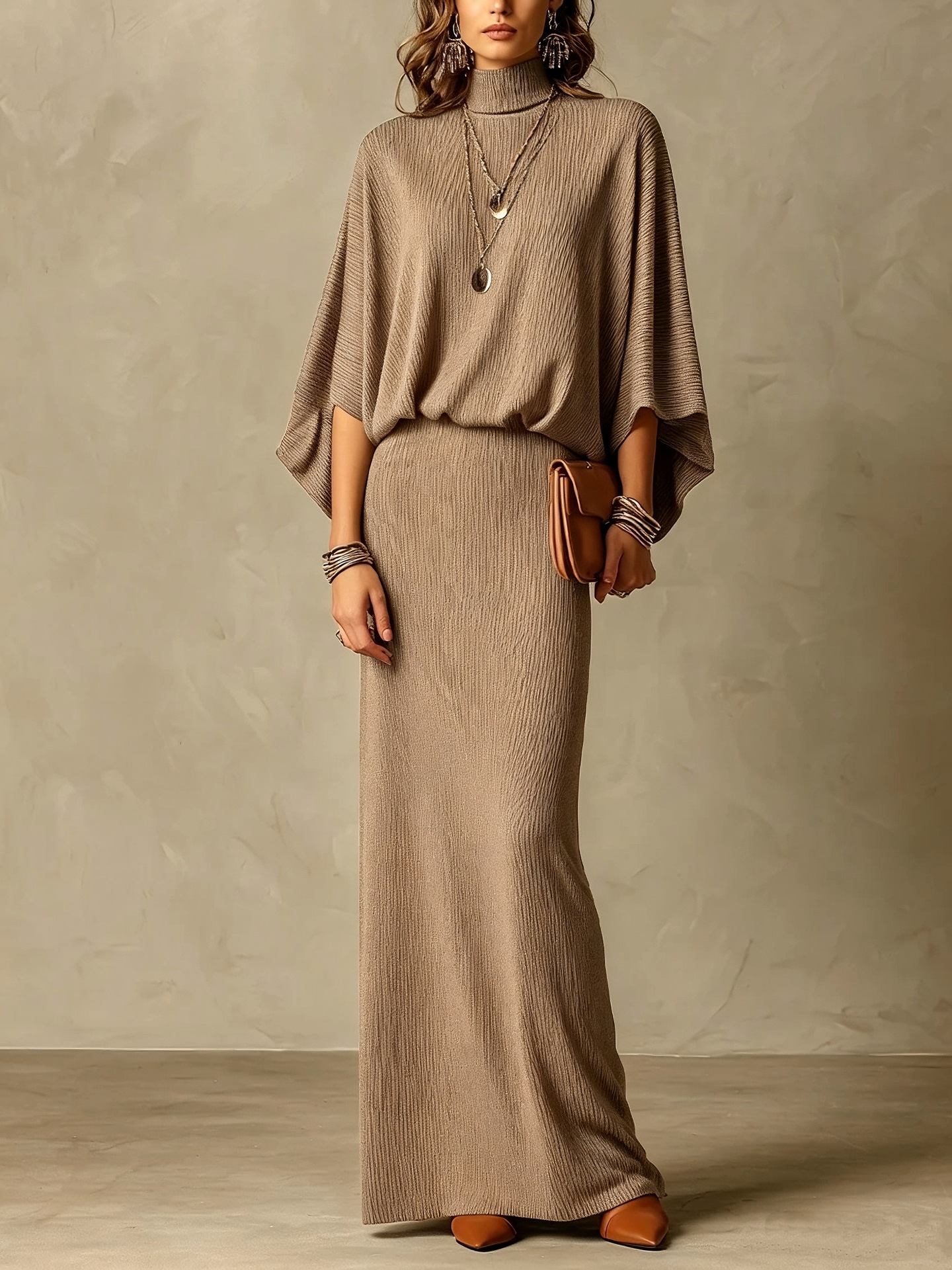 Solid Ribbed Batwing Sleeve Two-Piece Skirt Set Slimming Casual