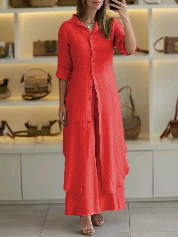 Women's Cotton-Linen Fitted Waist Long-Sleeve Shirt & Wide-Leg Pants Set