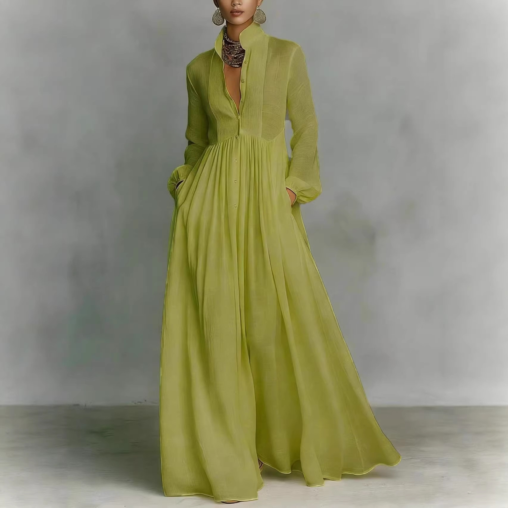 Women's Pleated Long Sleeve Midi Dress Solid Color Slim Waist French Style