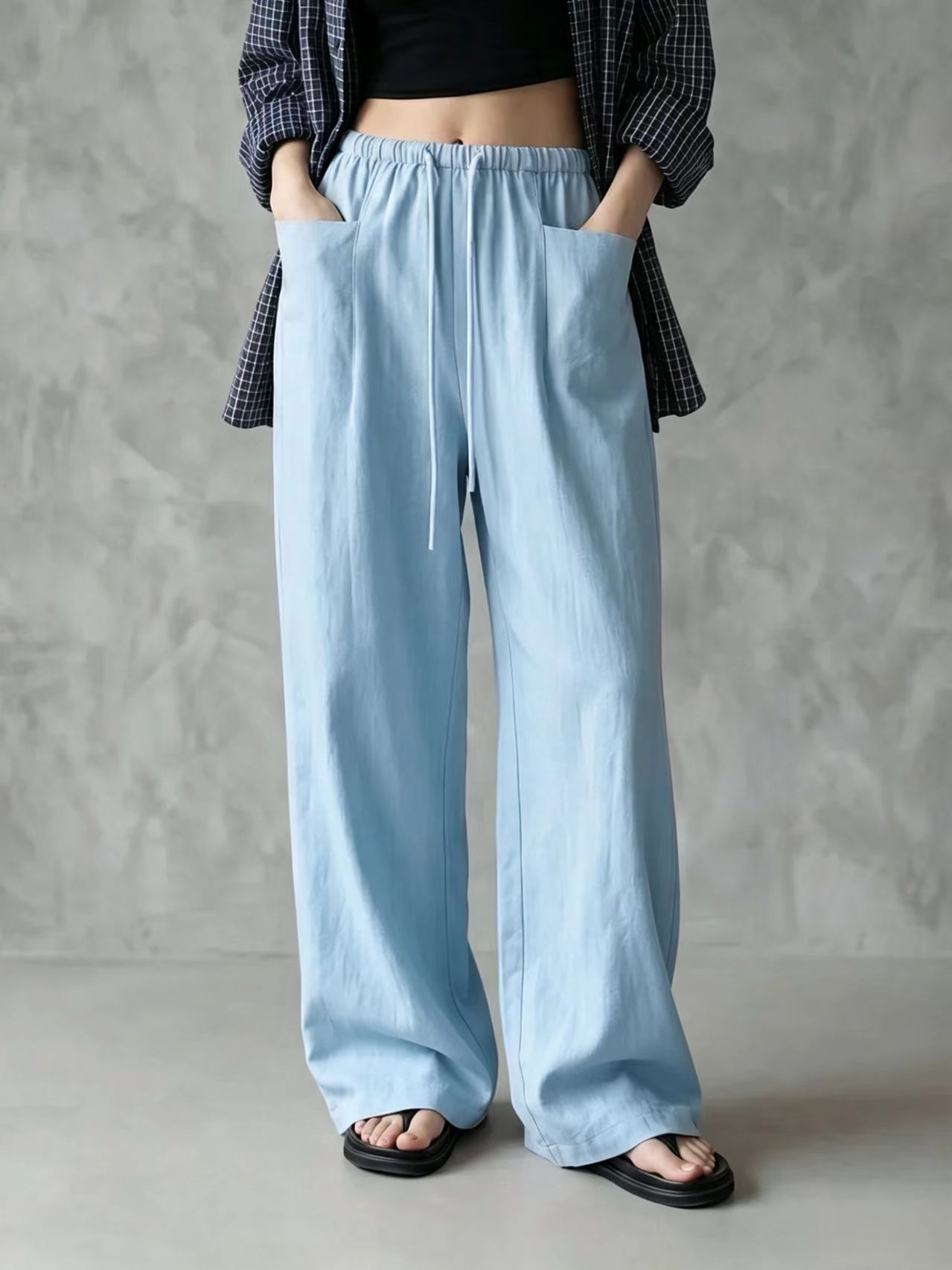 Women's Solid Color Wide-Leg High-Waist Loose Tie Casual Pants
