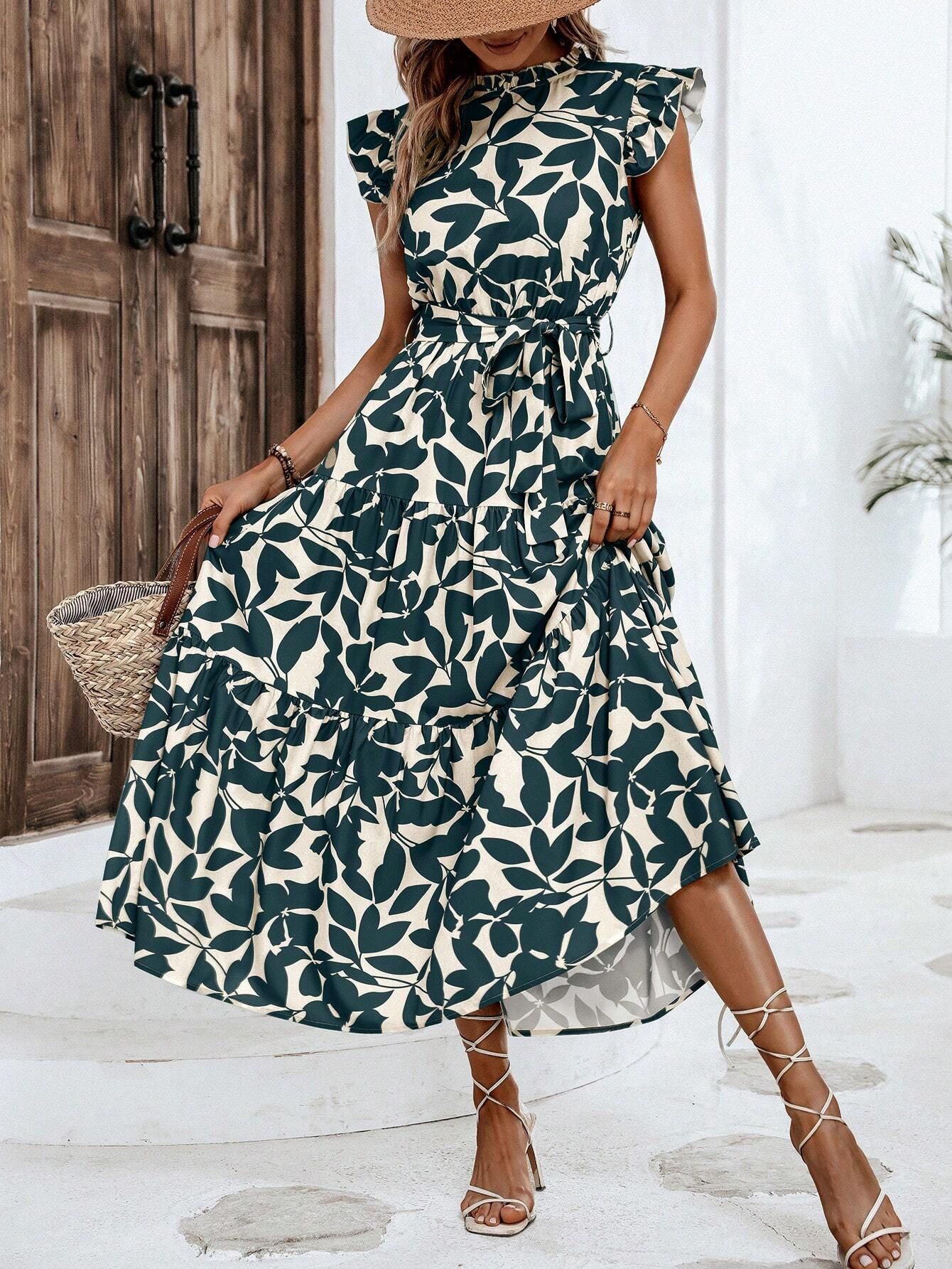 Women's Summer Floral Print Fairy Dress with Ruffle Sleeves and Tie