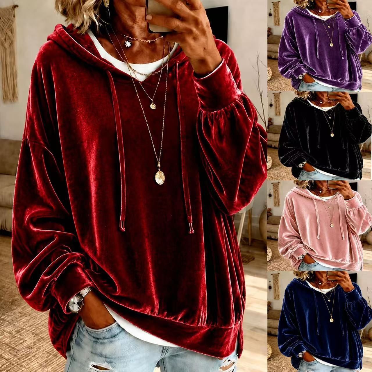 Women's Loose Drawstring Velvet Hooded Top