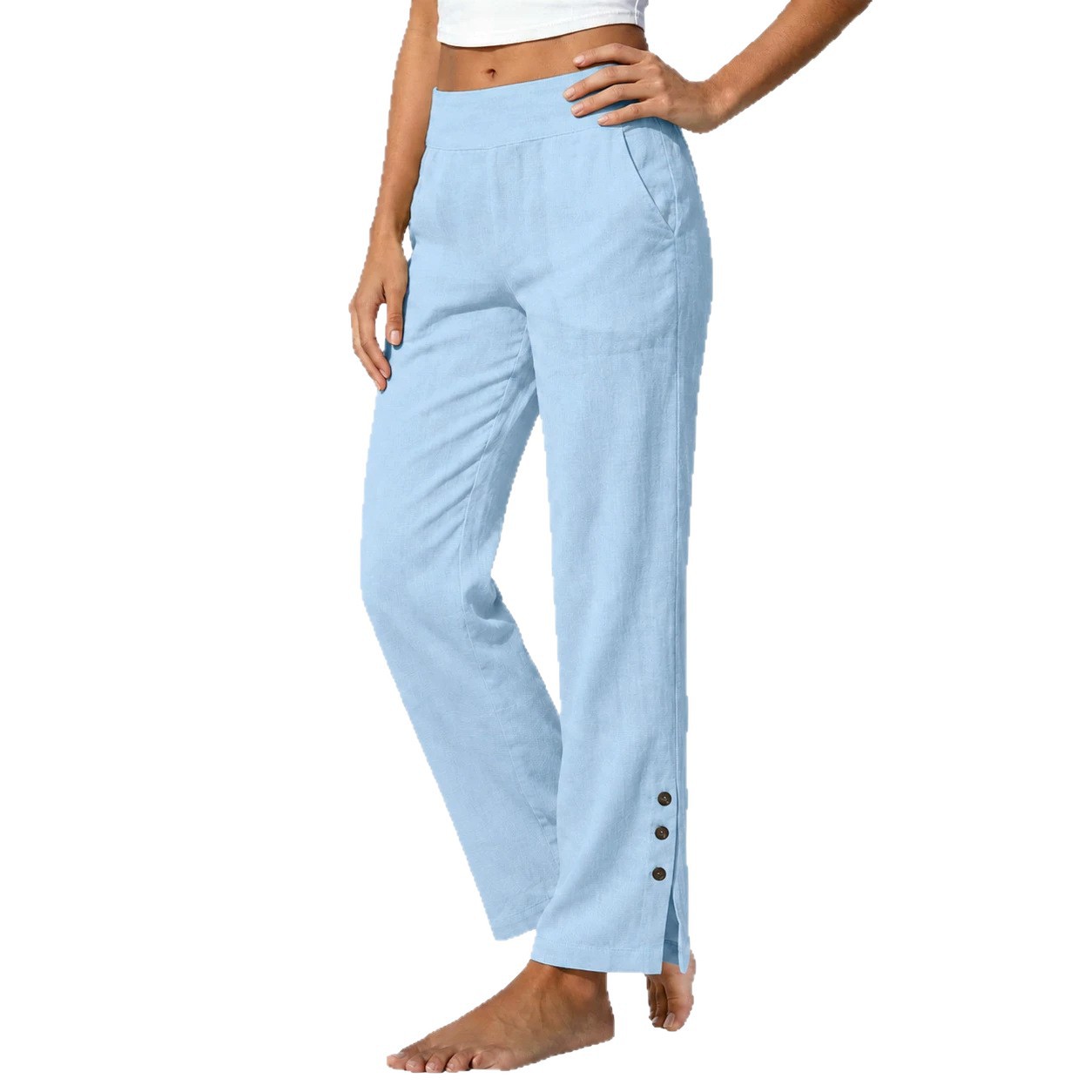 Women's Cotton Linen High Waist Wide Leg Pants with Side Slit Buttons