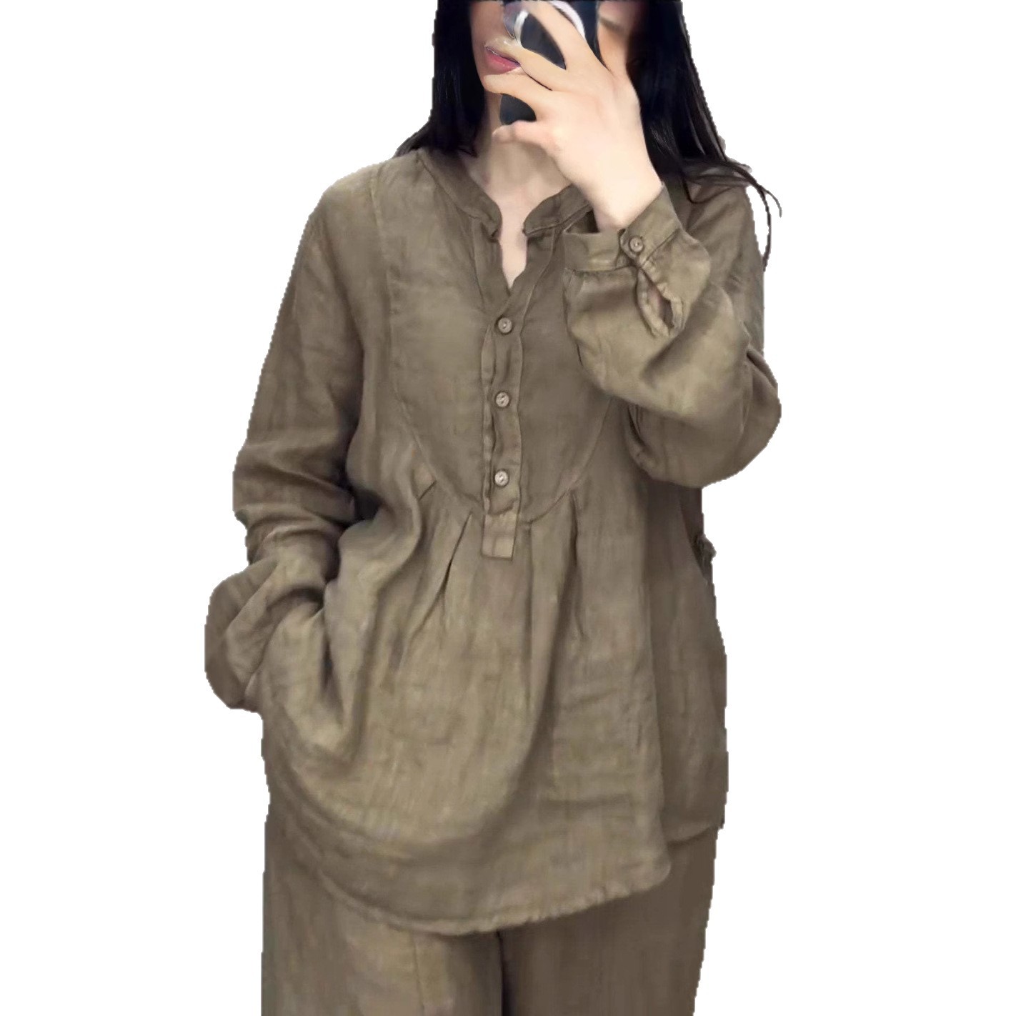 Cotton-Linen Long-Sleeve Half-Placket Pleated Wide-Leg Pants Set