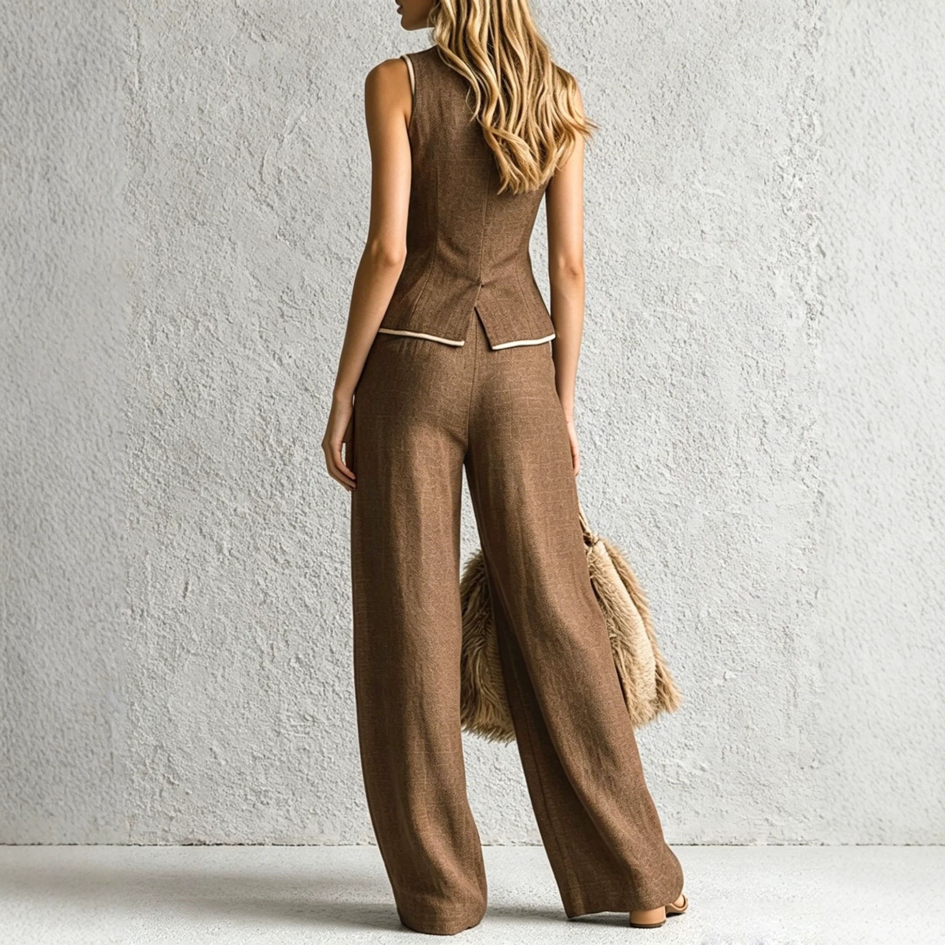 Women's Solid V-Neck Trim Tank Top and Wide-Leg Pants Set