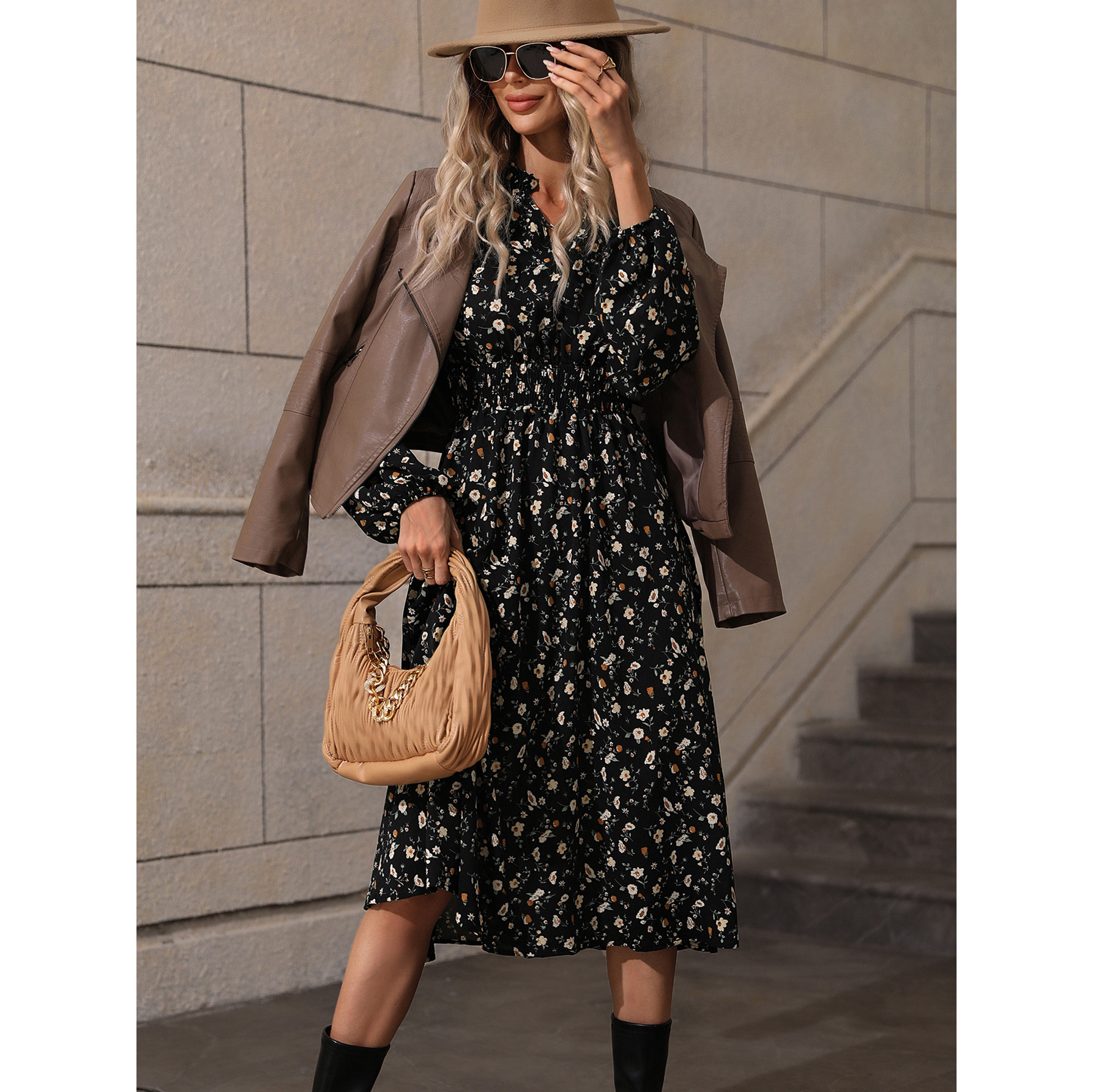 Women's V-Neck Long Sleeve Polka Dot Midi Dress High Waist Slimming