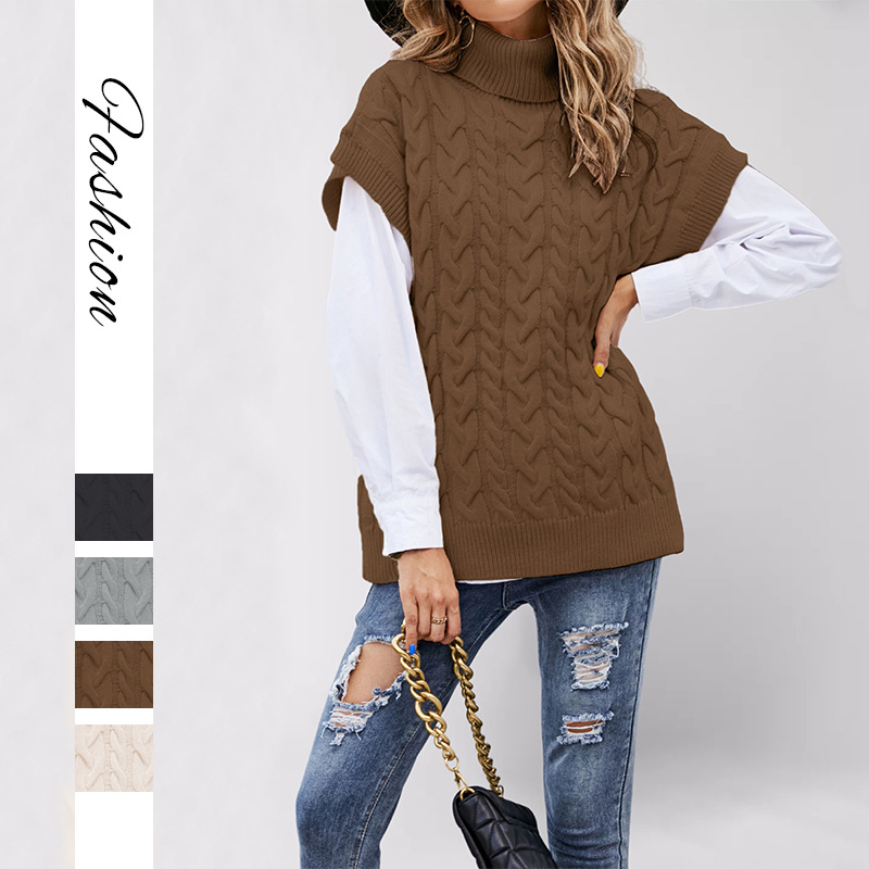 Women's Sleeveless Cable Knit Turtleneck Sweater Vest Loose Pullover