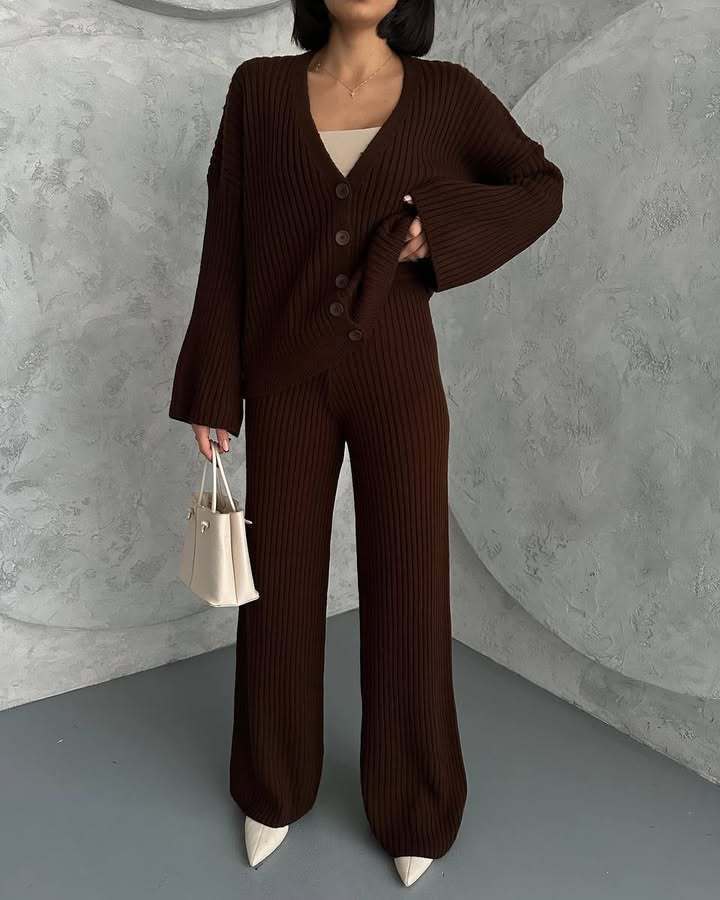 Women's Solid Color Button-Front Cardigan Sweater and Pants Set