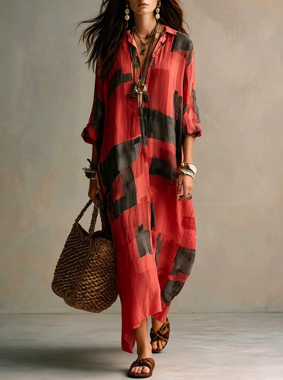 Women's Geometric Print Button-Front Collared Long Sleeve Maxi Dress