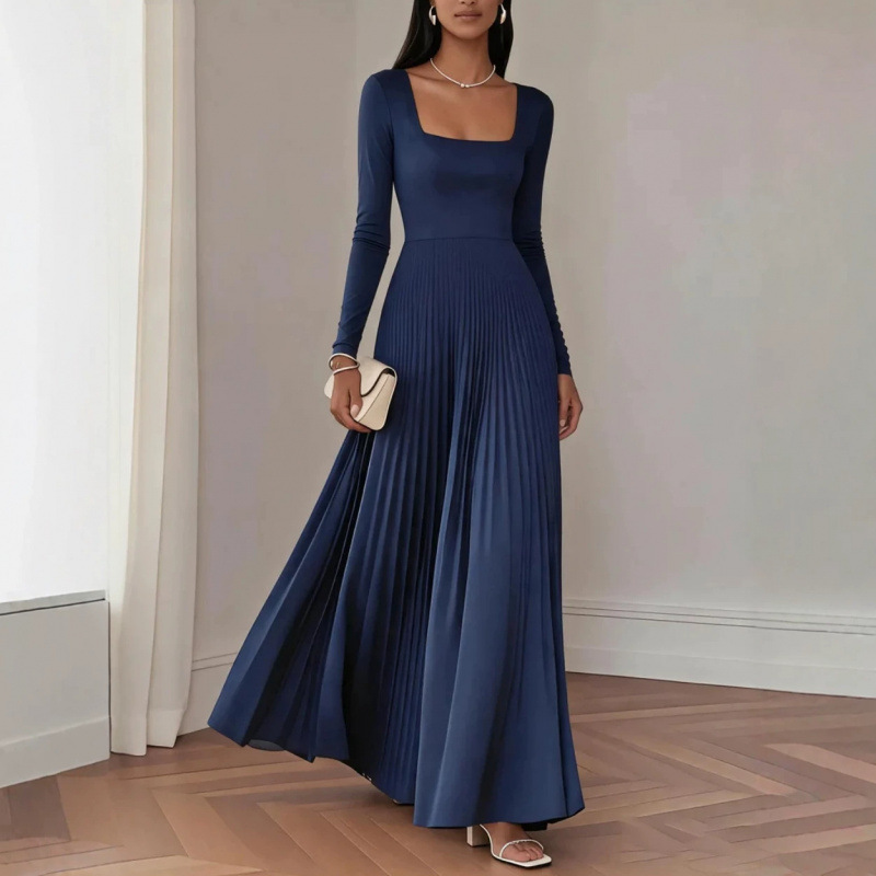 Square Neck Long Sleeve Pleated Maxi Dress Waist-Cinched Evening Gown
