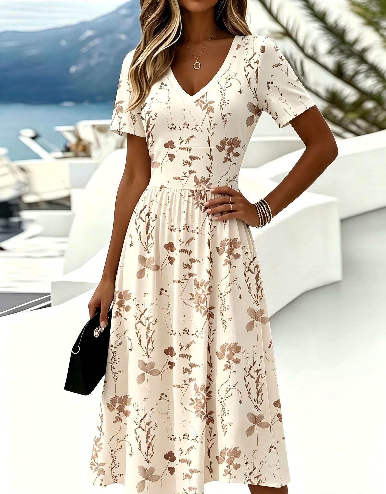 Women's Floral Leaf Print Casual Midi Dress with Deep V-Neck and Short Sleeves